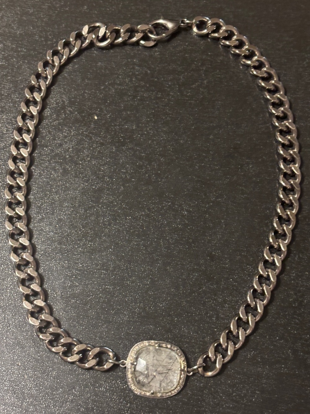 Silver-Tone Gunmetal Dark Chain Necklace with Faceted Clear Center Stone